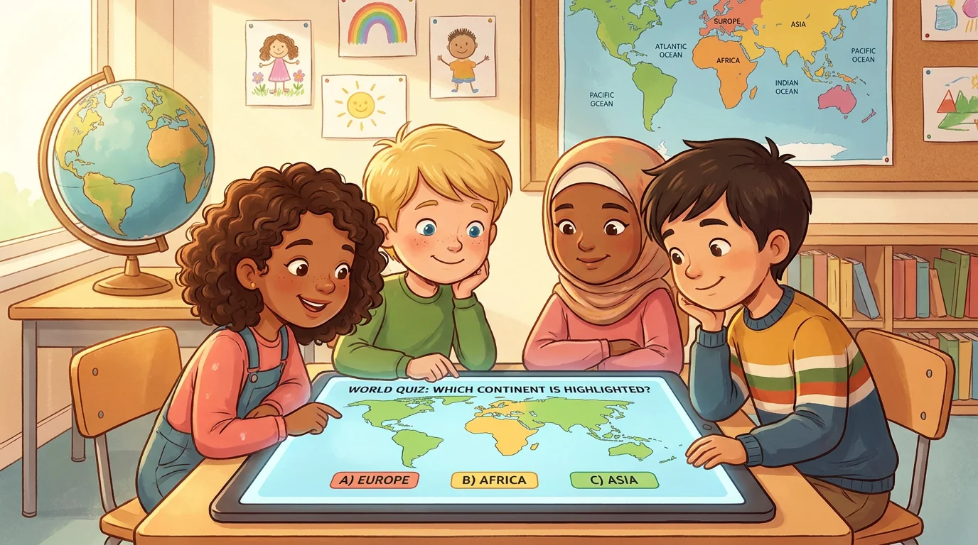 Students in a classroom engaging with a geography map quiz game on a tablet