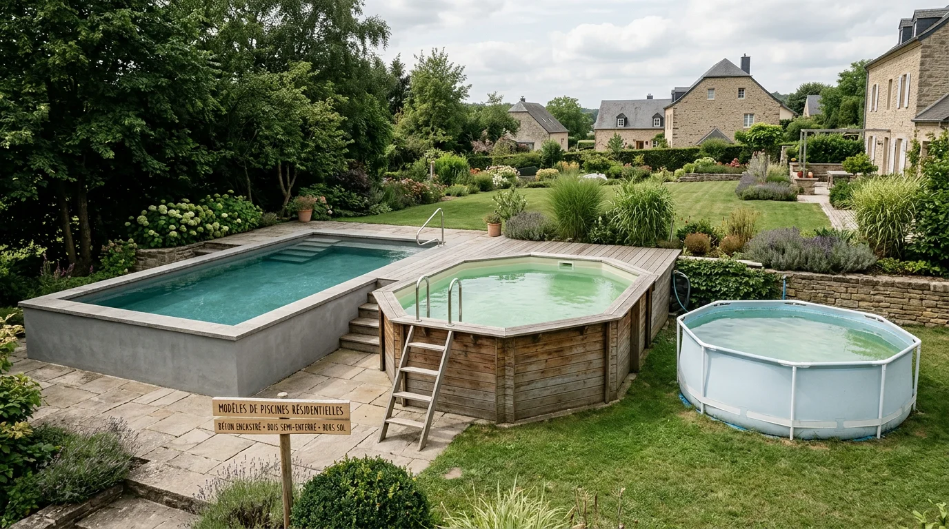 Trois types de piscines r&eacute;sidentielles dans un jardin luxembourgeois