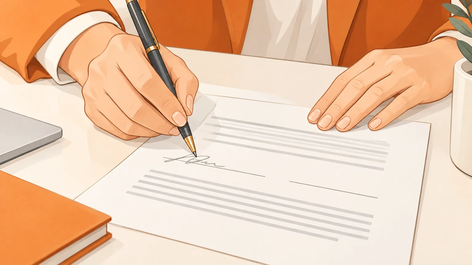 Gros plan sur des mains signant un document juridique sans texte lisible.