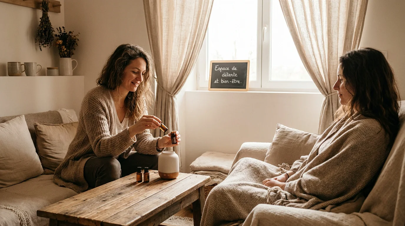 Praticienne holistique utilisant l'ancrage sensoriel en séance pour fidéliser ses clients