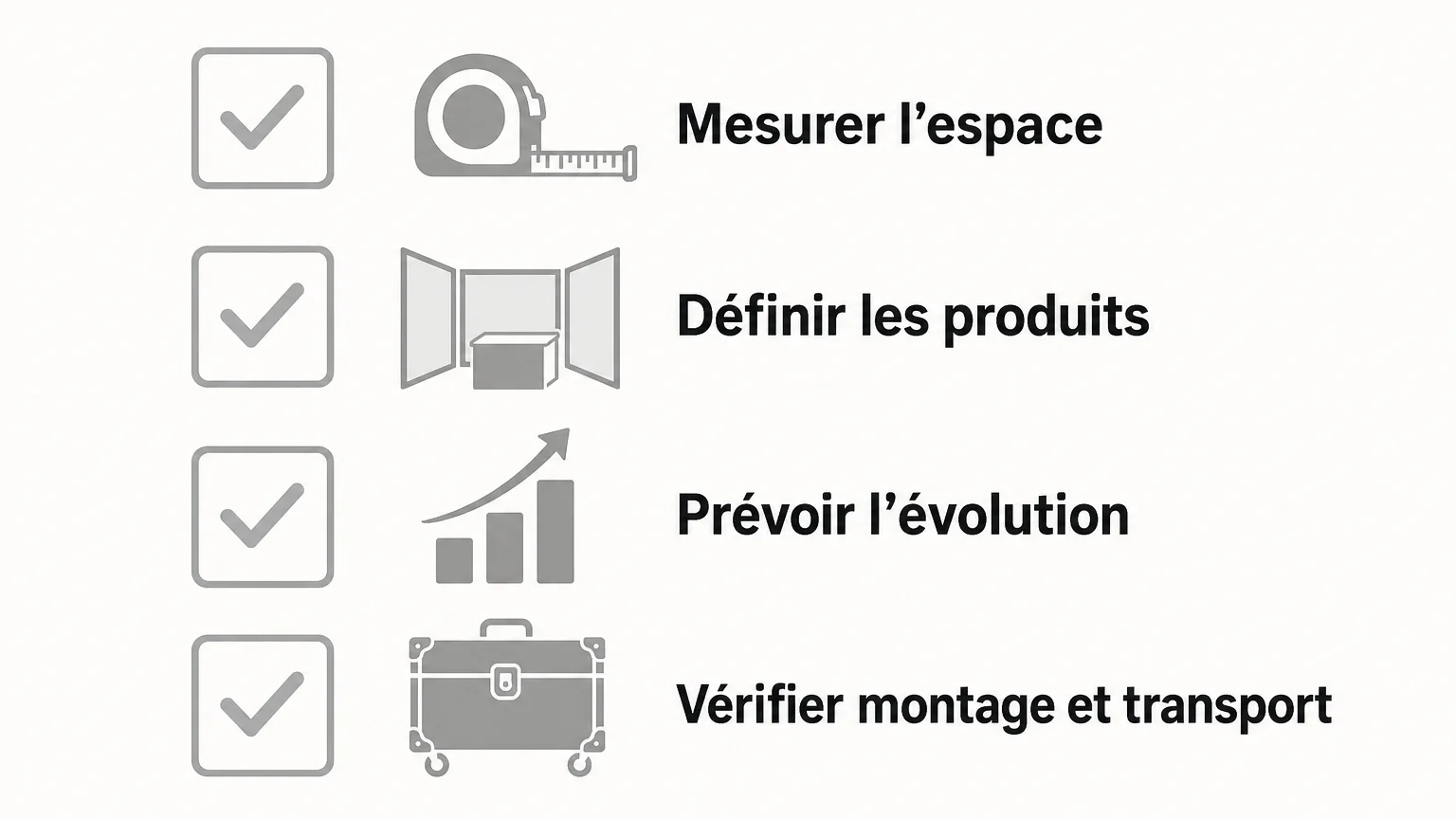 Checklist des étapes pour concevoir un espace retail modulable : mesurer, définir les produits, prévoir l’évolution et vérifier le montage et le transport.