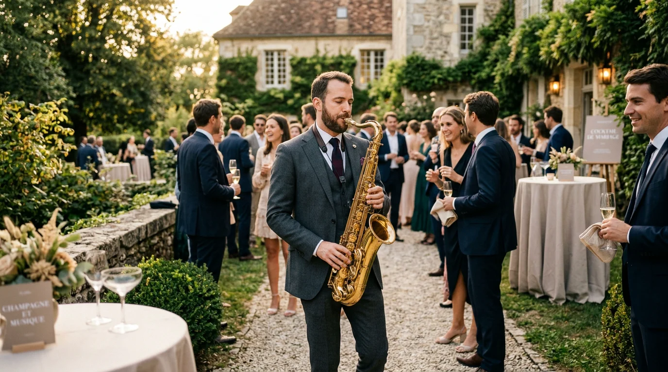 Saxophoniste jouant pendant un cocktail de mariage élégant en extérieur