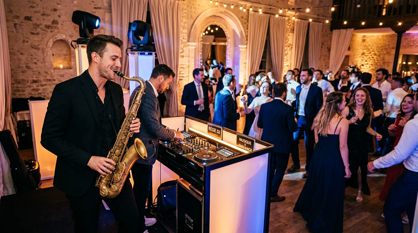 Saxophoniste jouant en live à côté des platines d'un DJ sur une piste de danse