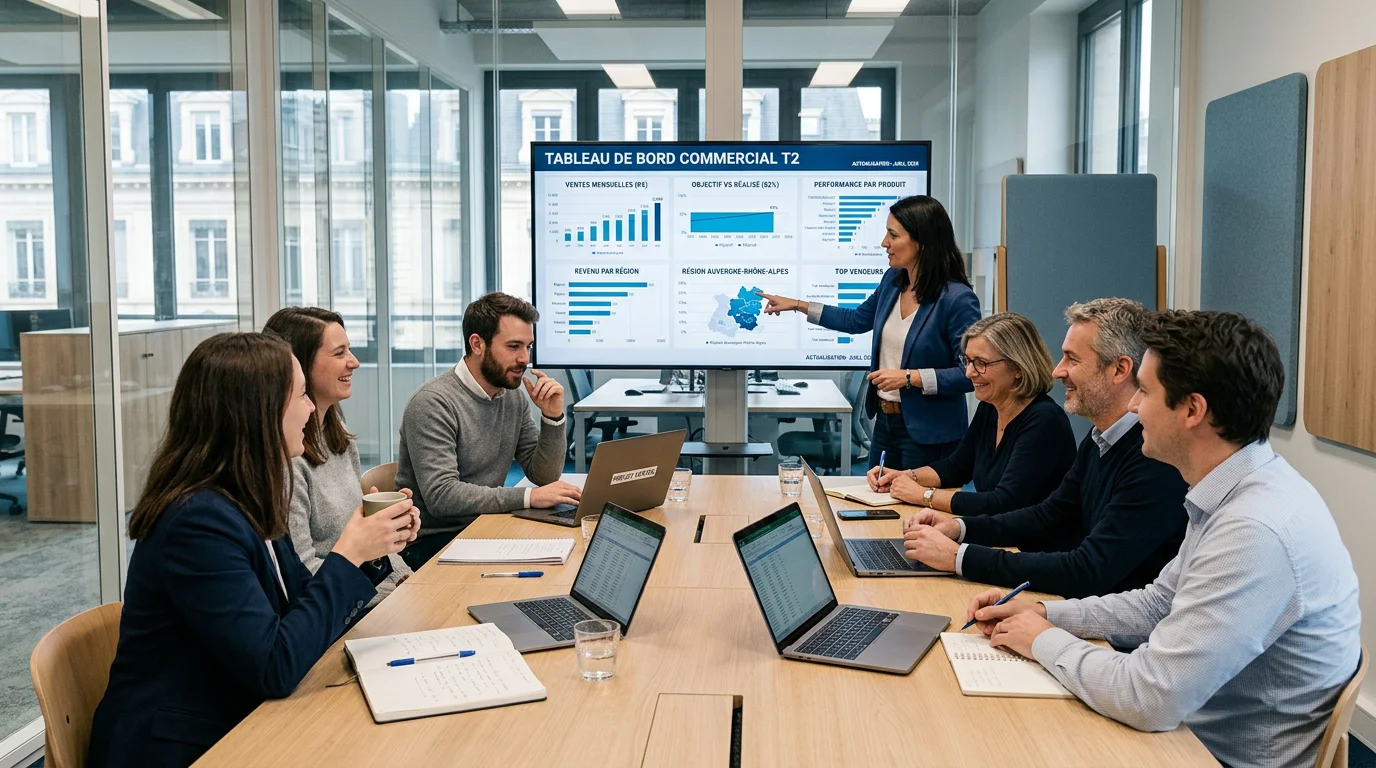 Équipe commerciale européenne analysant un tableau de bord de performance