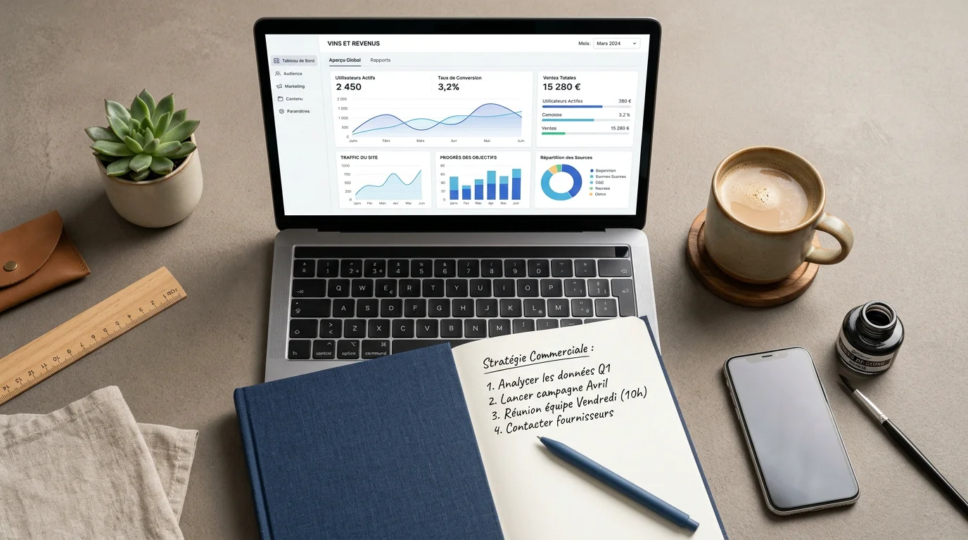 Poste de travail avec interface d'analyse commerciale vue de dessus