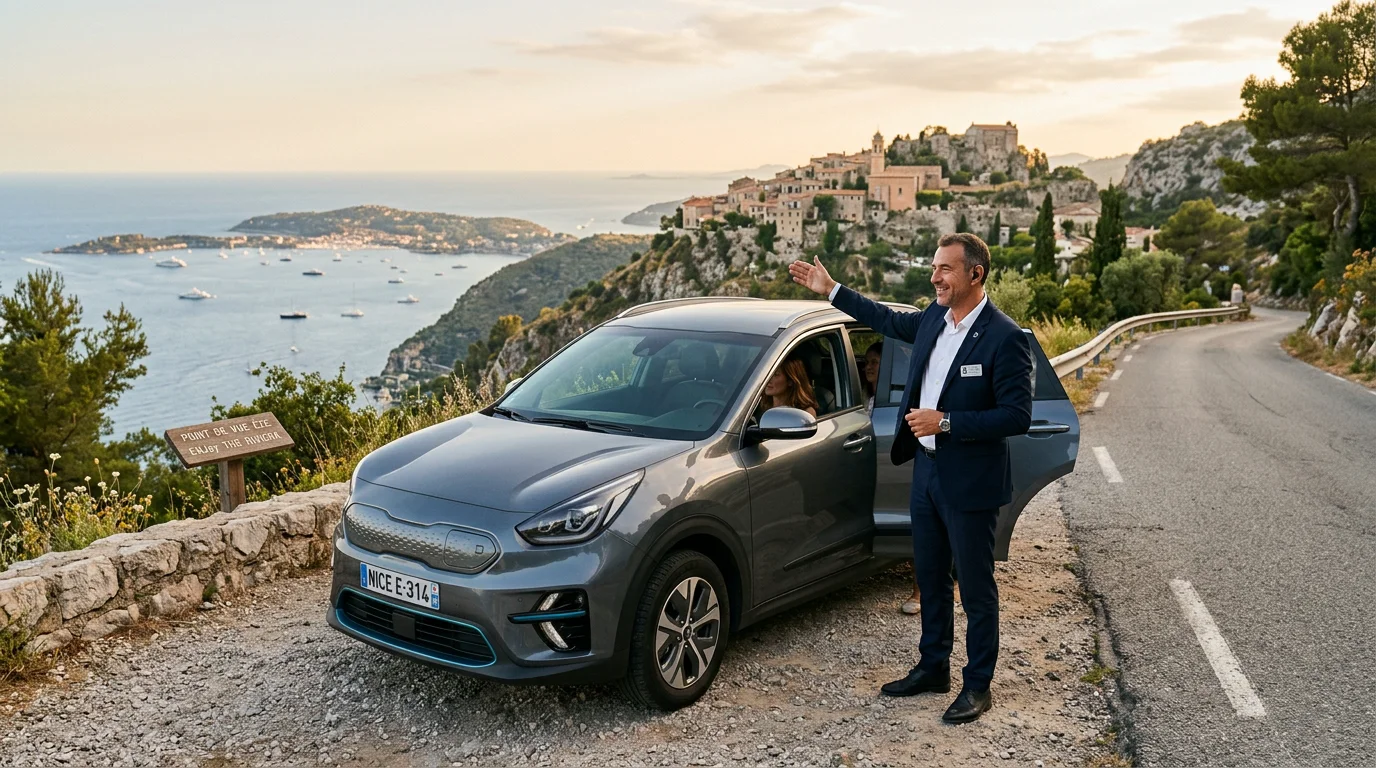 Chauffeur beside a grey electric SUV pointing toward a Riviera coastal town