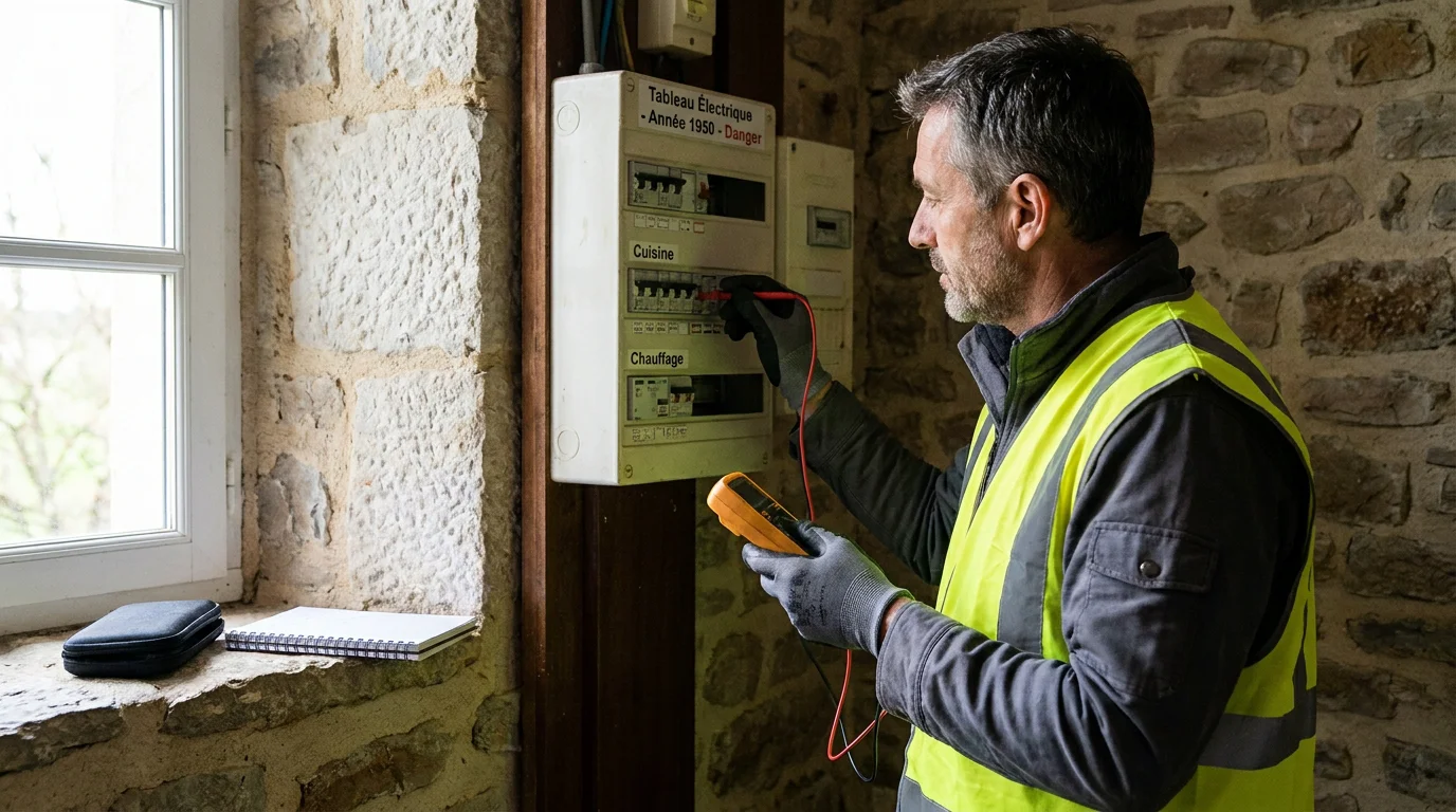 Diagnostiqueur immobilier inspectant une installation électrique dans une maison ancienne