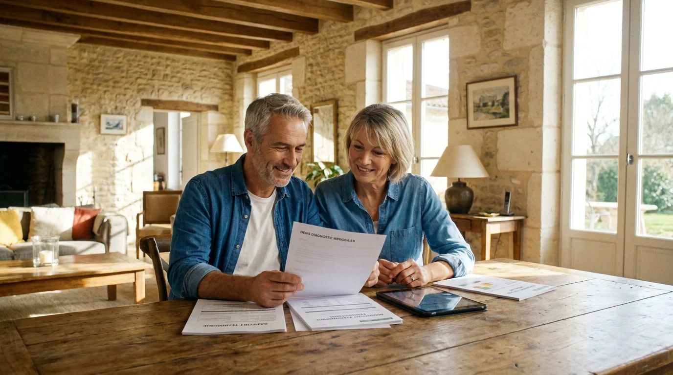 Propriétaires consultant un devis de diagnostic immobilier dans leur salon