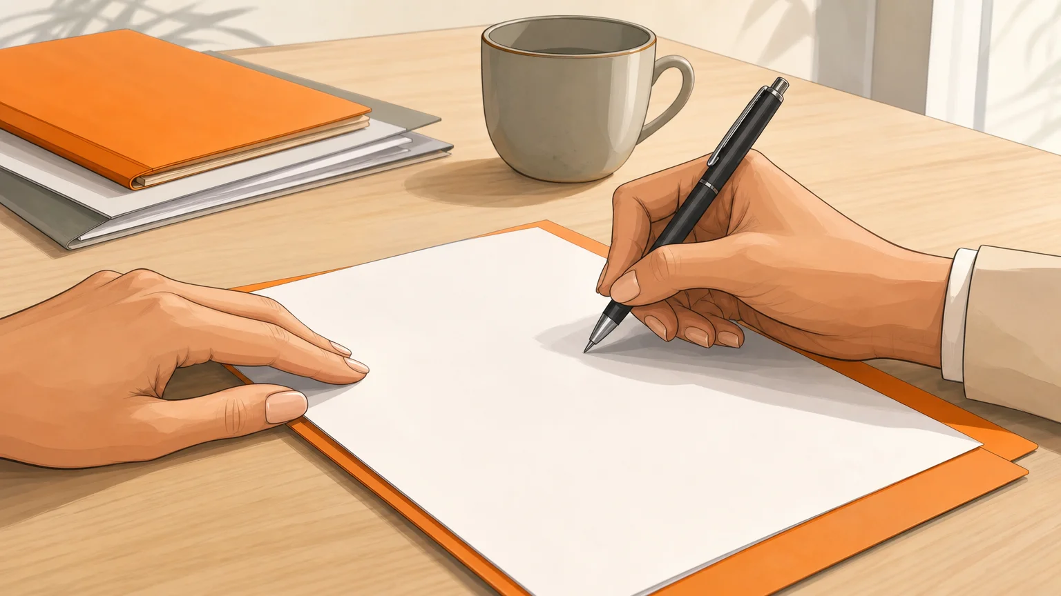 Gros plan sur des mains signant un document juridique vierge sur un bureau.