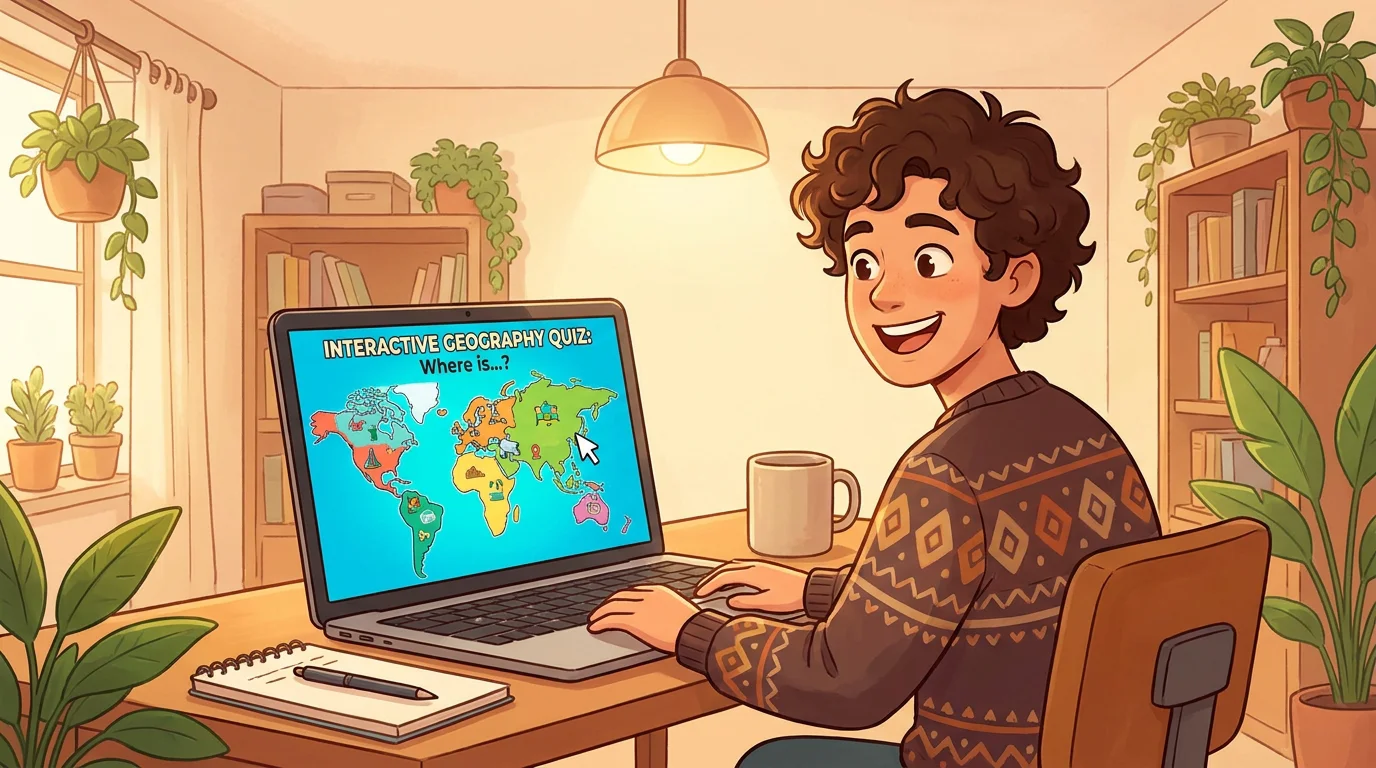 Person enjoying an online geography quiz game on a laptop