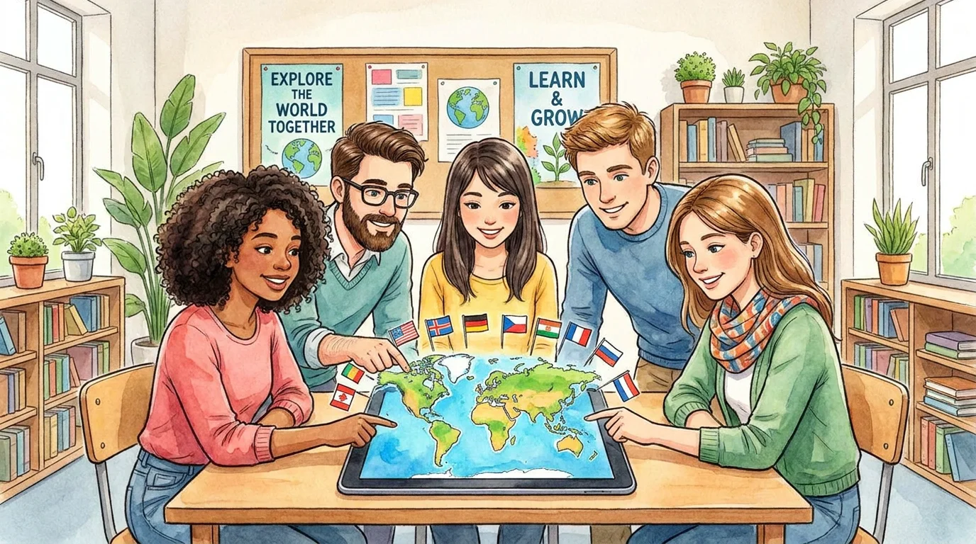 Students learning geography together using an online country quiz game