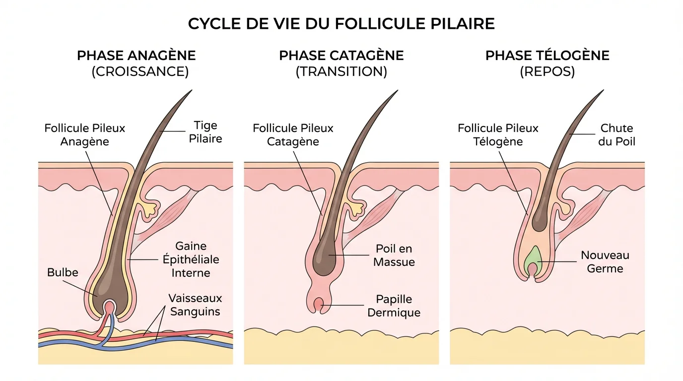 Illustration du cycle capillaire avec les phases anagène, catagène et télogène