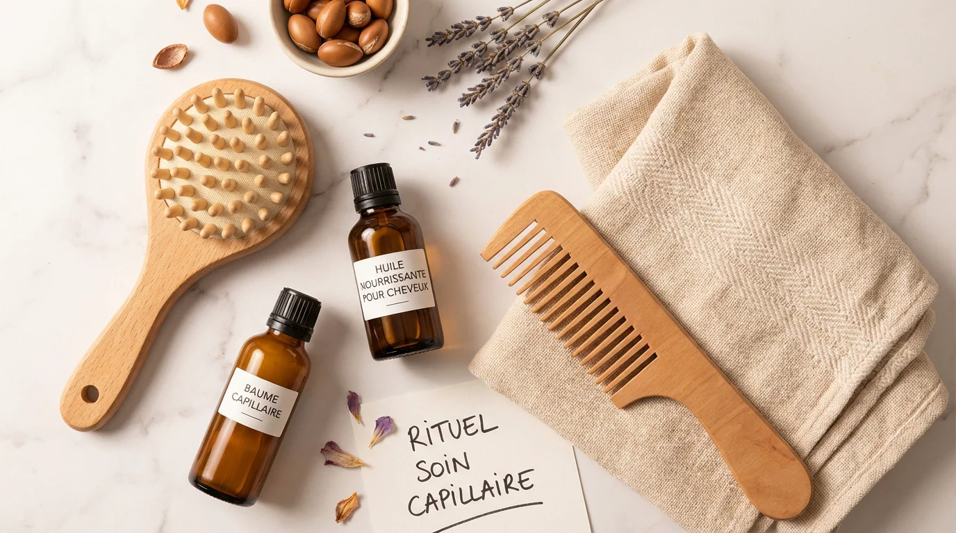 Rituel complet de soin capillaire avec brosse massante, huiles et accessoires