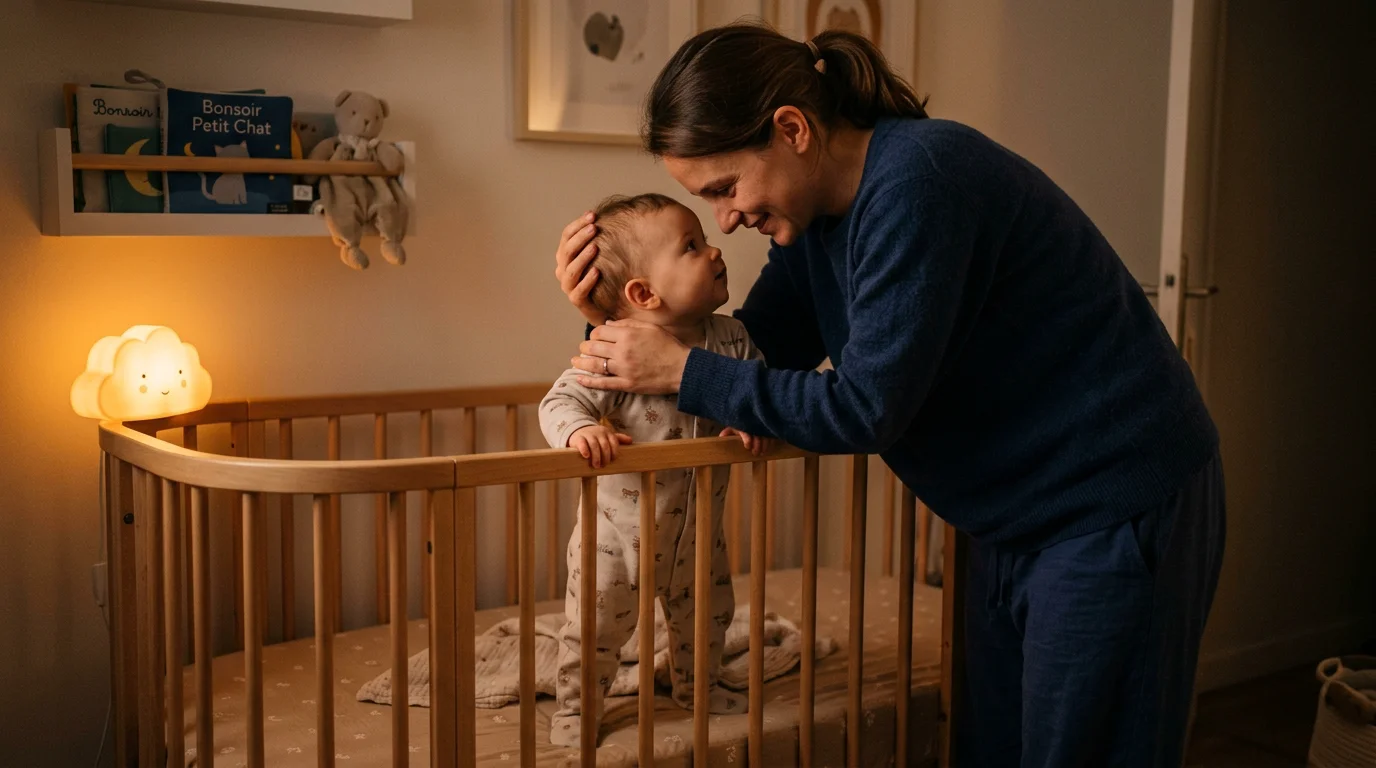 Un parent rassure son bébé de 9 mois réveillé la nuit dans son lit