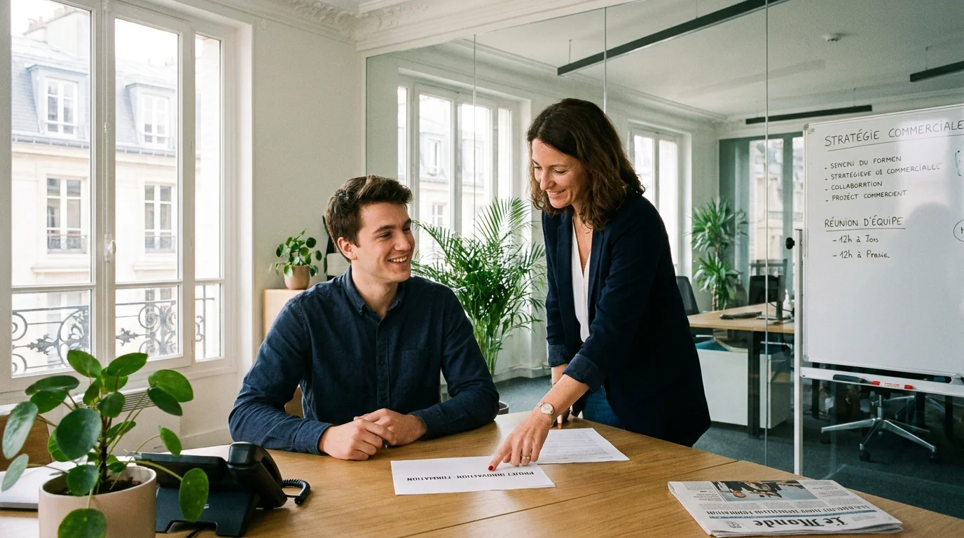 Un stagiaire et son tuteur en entreprise travaillant ensemble dans un bureau moderne