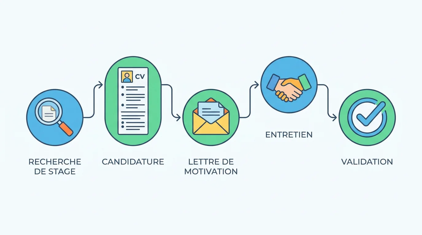 Illustration des cinq étapes clés pour trouver un stage en entreprise