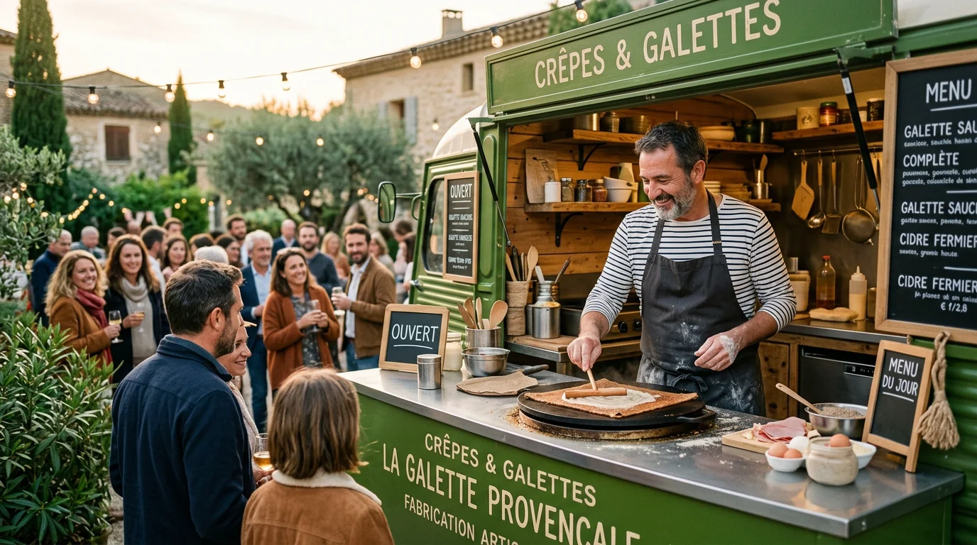 Cuisinier préparant une galette de sarrasin dans un food truck en Provence