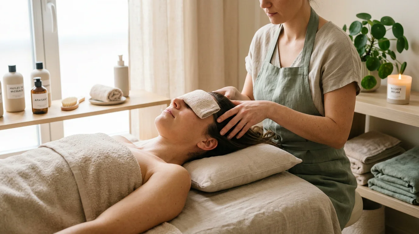 Praticienne réalisant un massage du cuir chevelu lors d'un soin Head Spa