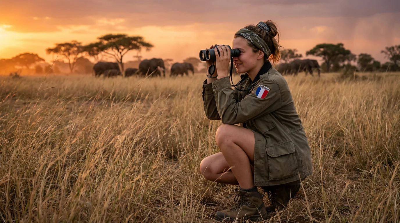 Écovolontaire européen observant la faune sauvage dans la savane africaine au coucher du soleil