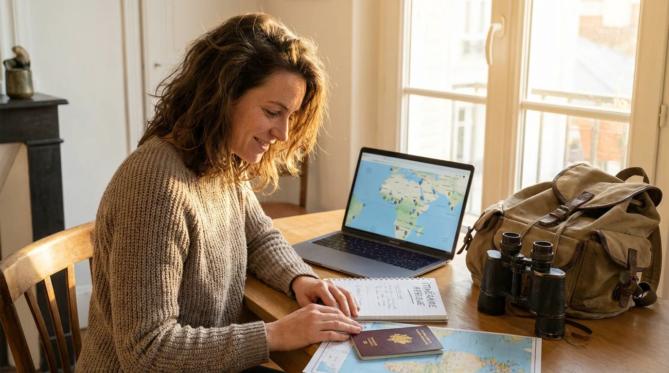 Voyageur français préparant son départ en écovolontariat en Afrique depuis son domicile