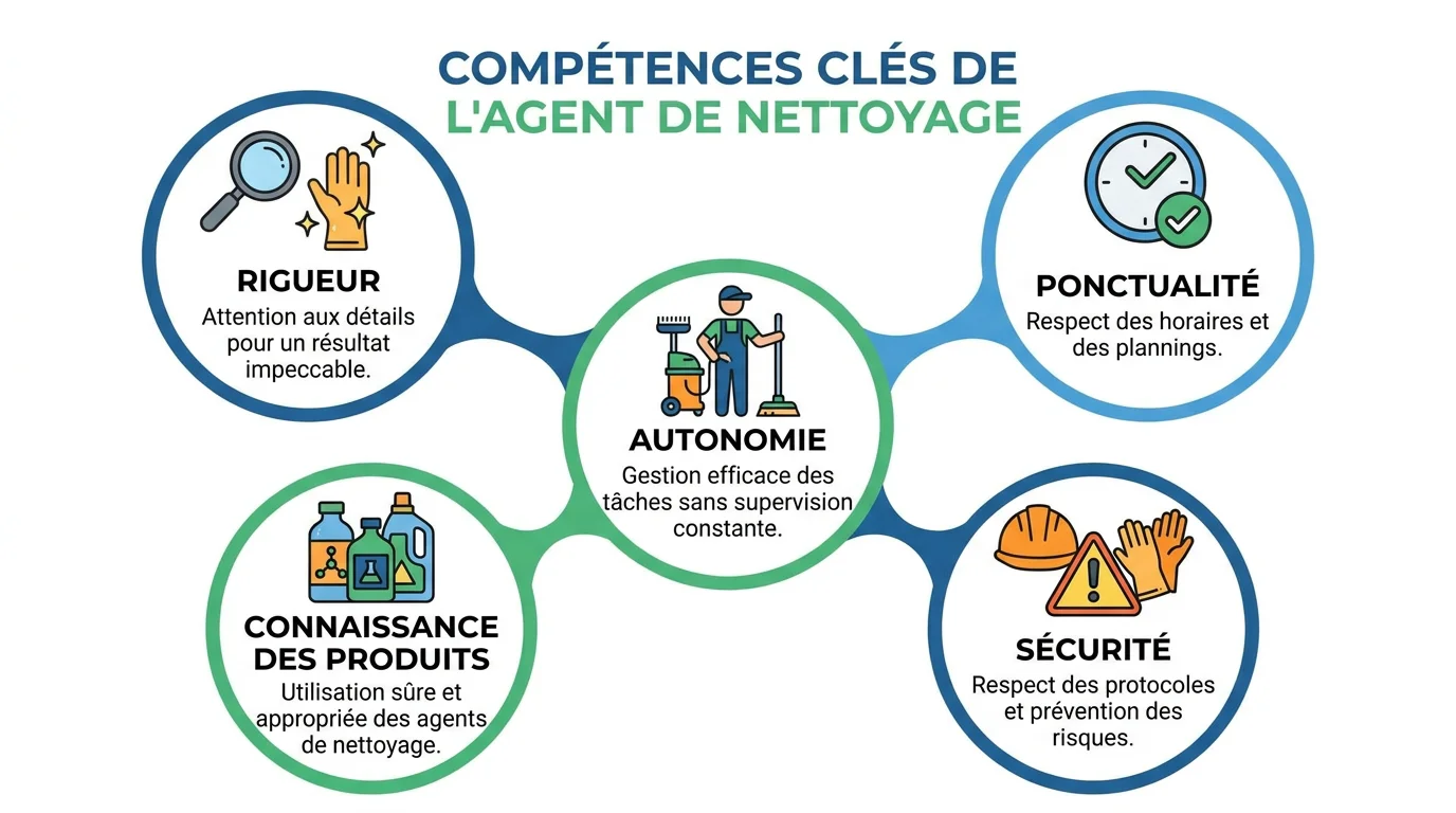 Infographie des compétences clés pour un agent de nettoyage intérimaire