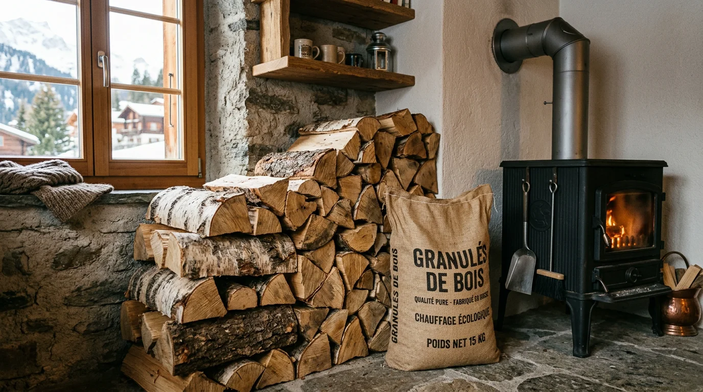 Bûches de bois et granulés stockés près d'un poêle dans un logement suisse