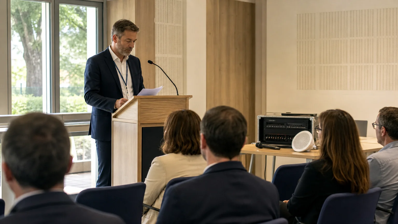 Intervenant utilisant un pupitre en bois dans une salle de conférence