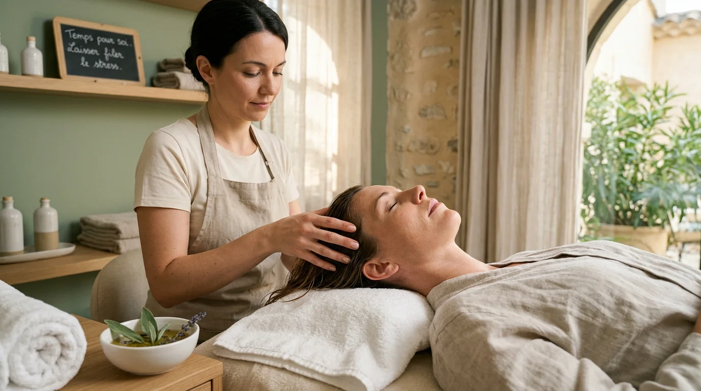 Cliente profitant d'un soin head spa relaxant dans un environnement apaisant