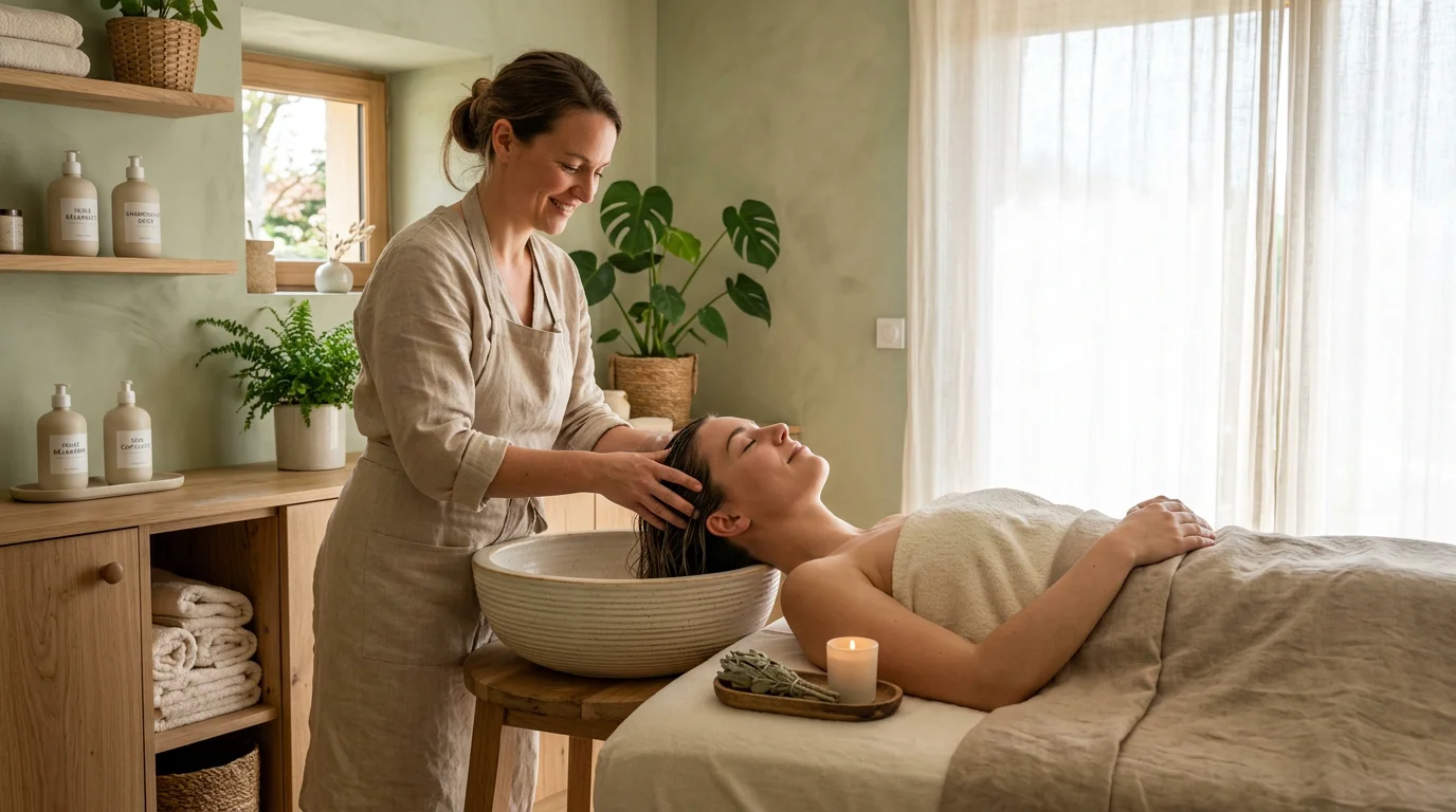 Praticienne réalisant un massage du cuir chevelu lors d'un soin head spa