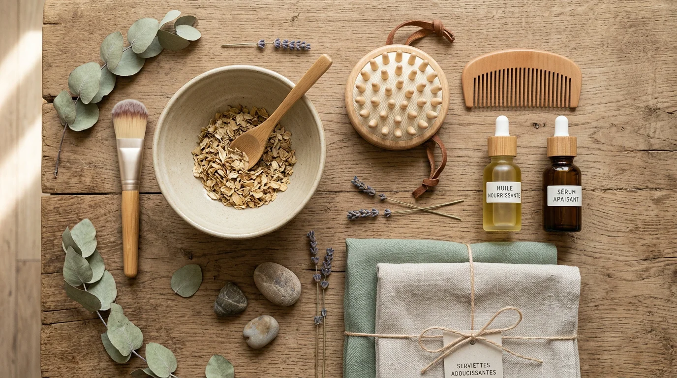 Outils et produits utilisés pour un soin head spa disposés sur une surface en bois