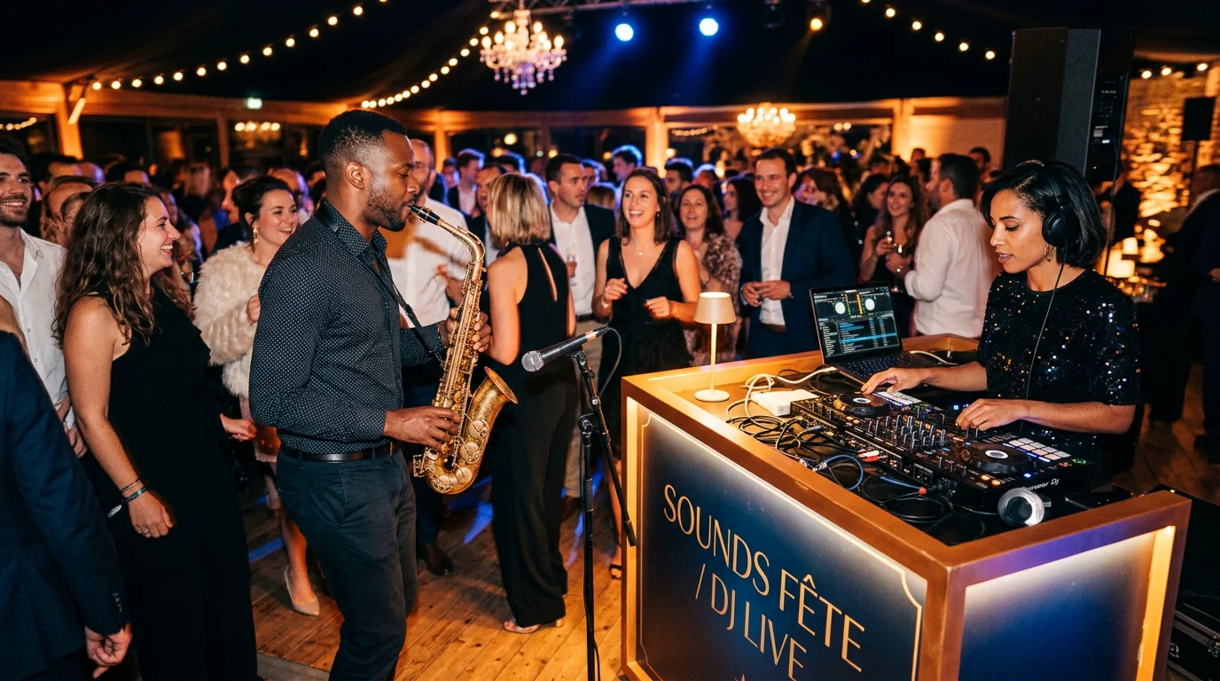 Saxophoniste jouant en live à côté d'une console de DJ lors d'une soirée