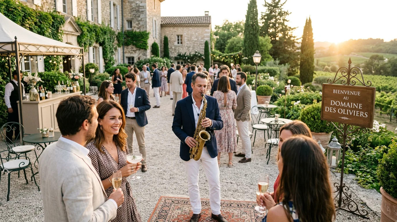 Saxophoniste animant un cocktail élégant en extérieur parmi les invités
