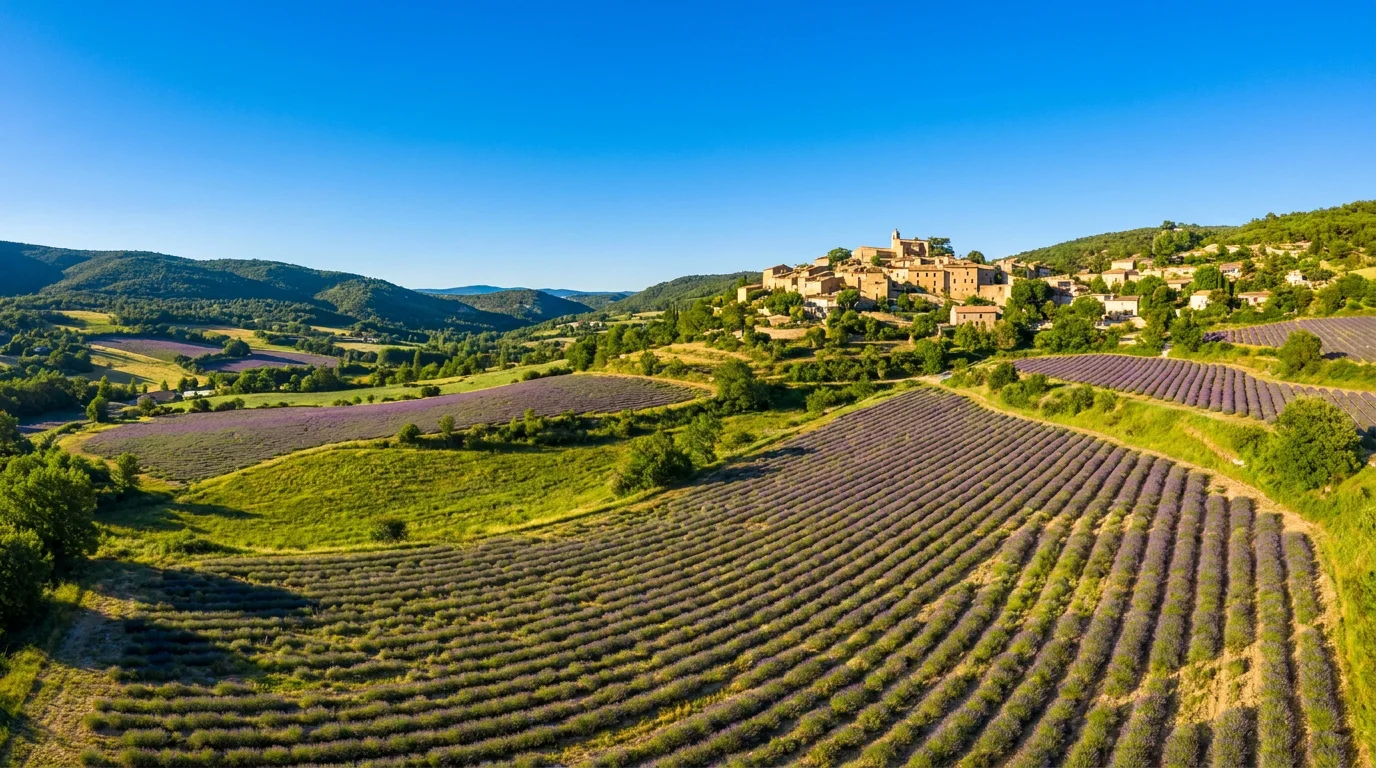 Paysage panoramique du Lubéron avec champs de lavande et village perché en Provence