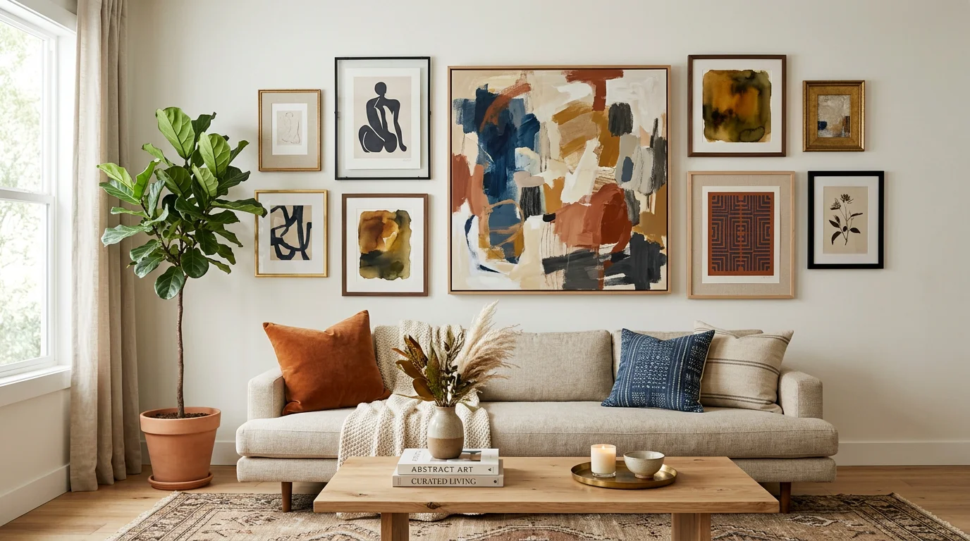 Curated living room gallery wall with a large anchor canvas and smaller framed prints