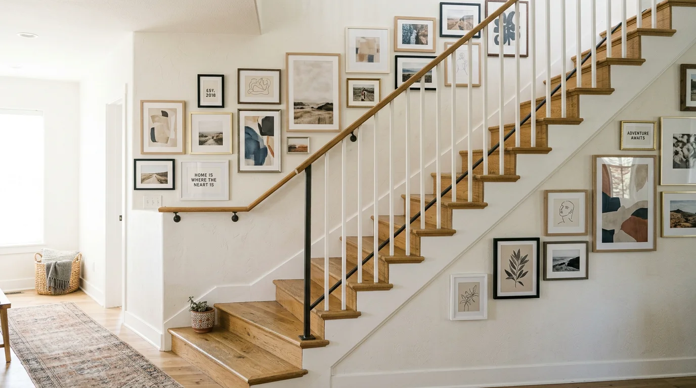 Staircase gallery wall with framed art stepping up the wall alongside the stairs