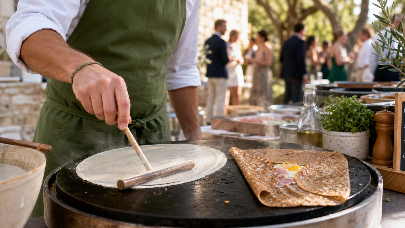 Préparation d’une galette à la minute lors d’une réception en Provence