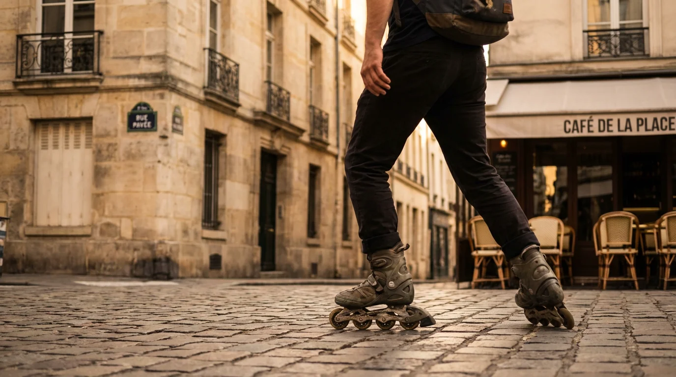 Patineur en roller freeride dans une rue urbaine française