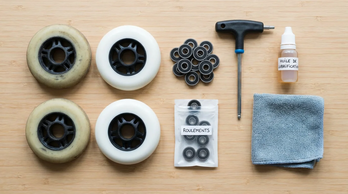 Pièces détachées de roller freeride disposées pour l'entretien