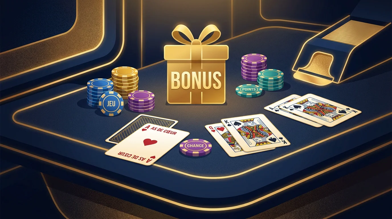 Illustration des différents types de bonus de casino en ligne avec jetons et cartes