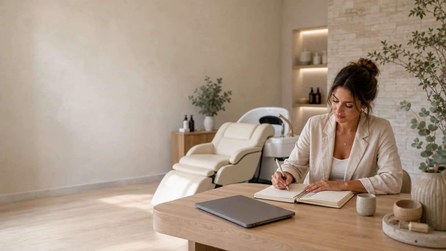 Professionnelle préparant la stratégie d’une activité Head Spa