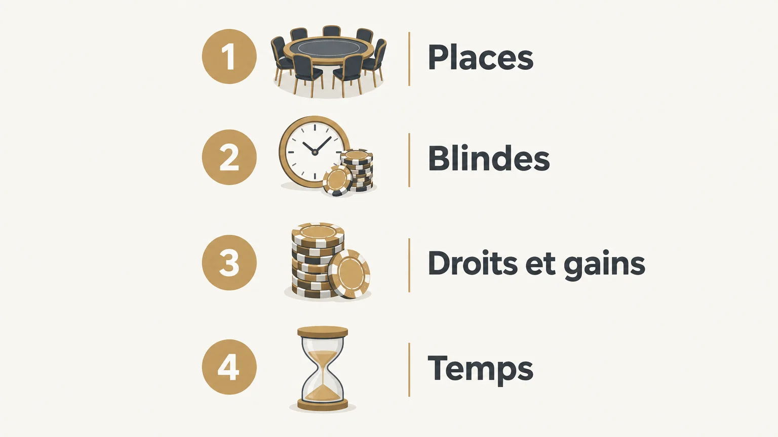 Infographie en quatre critères pour choisir un sit-and-go : places, blindes, droits et gains, temps.