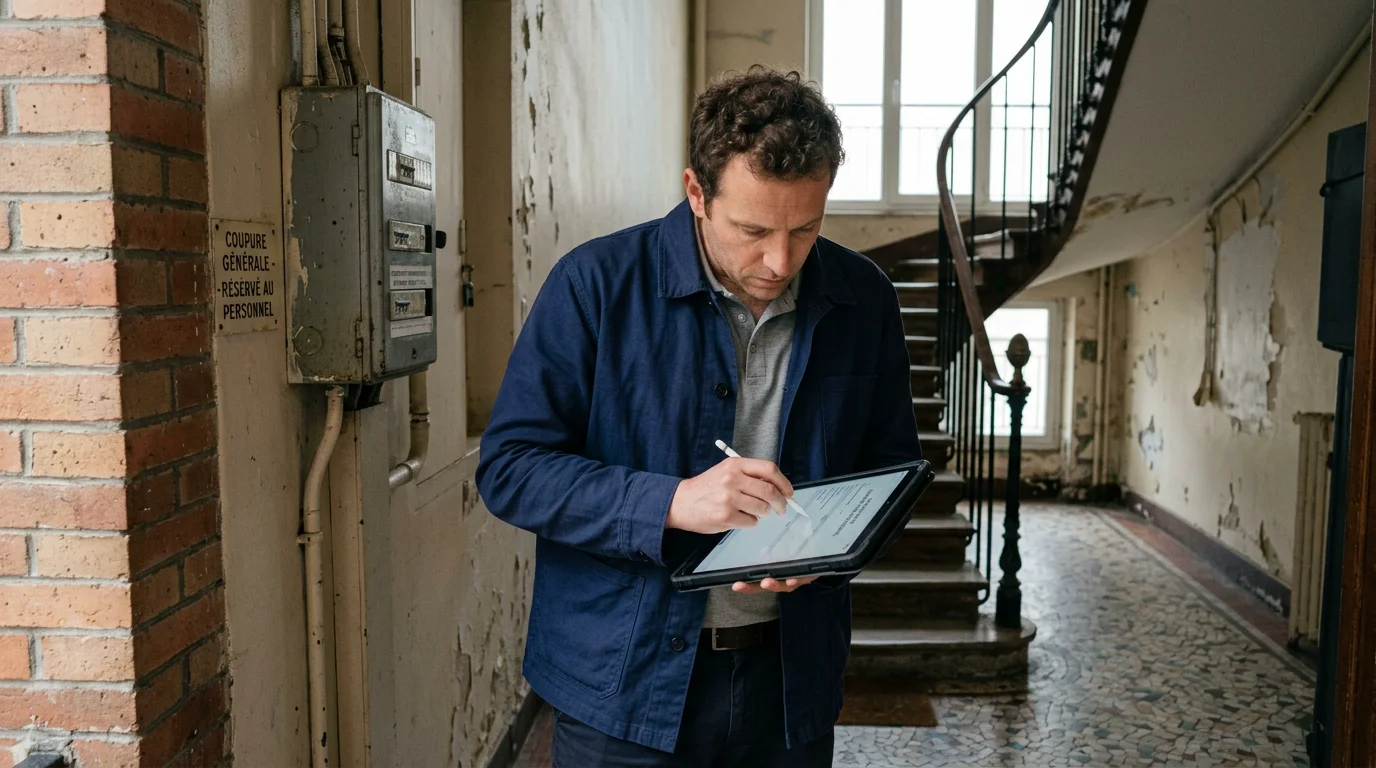 Technicien réalisant un diagnostic technique sur un immeuble en copropriété