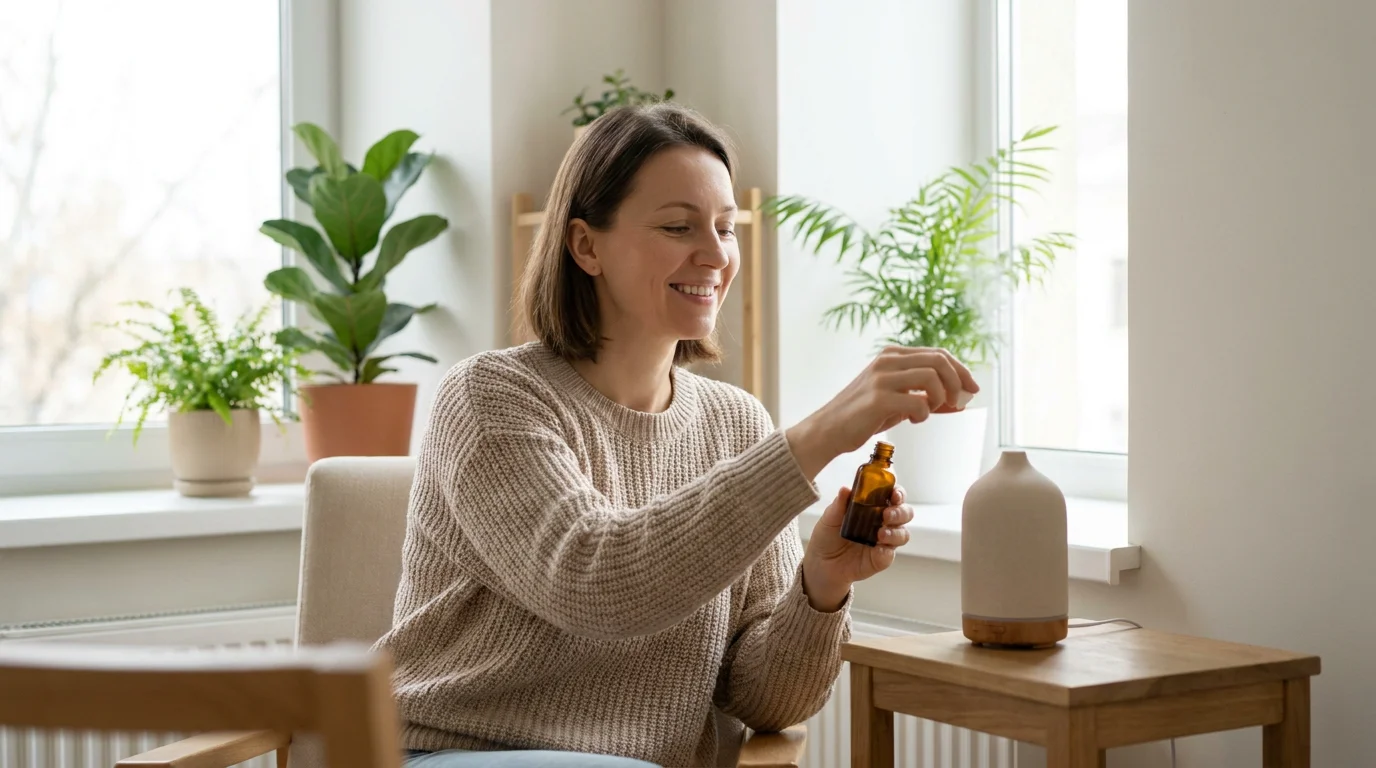 Thérapeute européenne tenant un flacon d'huile essentielle dans un cabinet lumineux