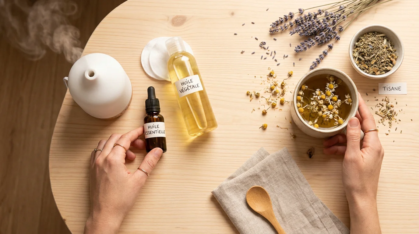 Trois méthodes d'utilisation des huiles essentielles présentées sur une table en bois clair
