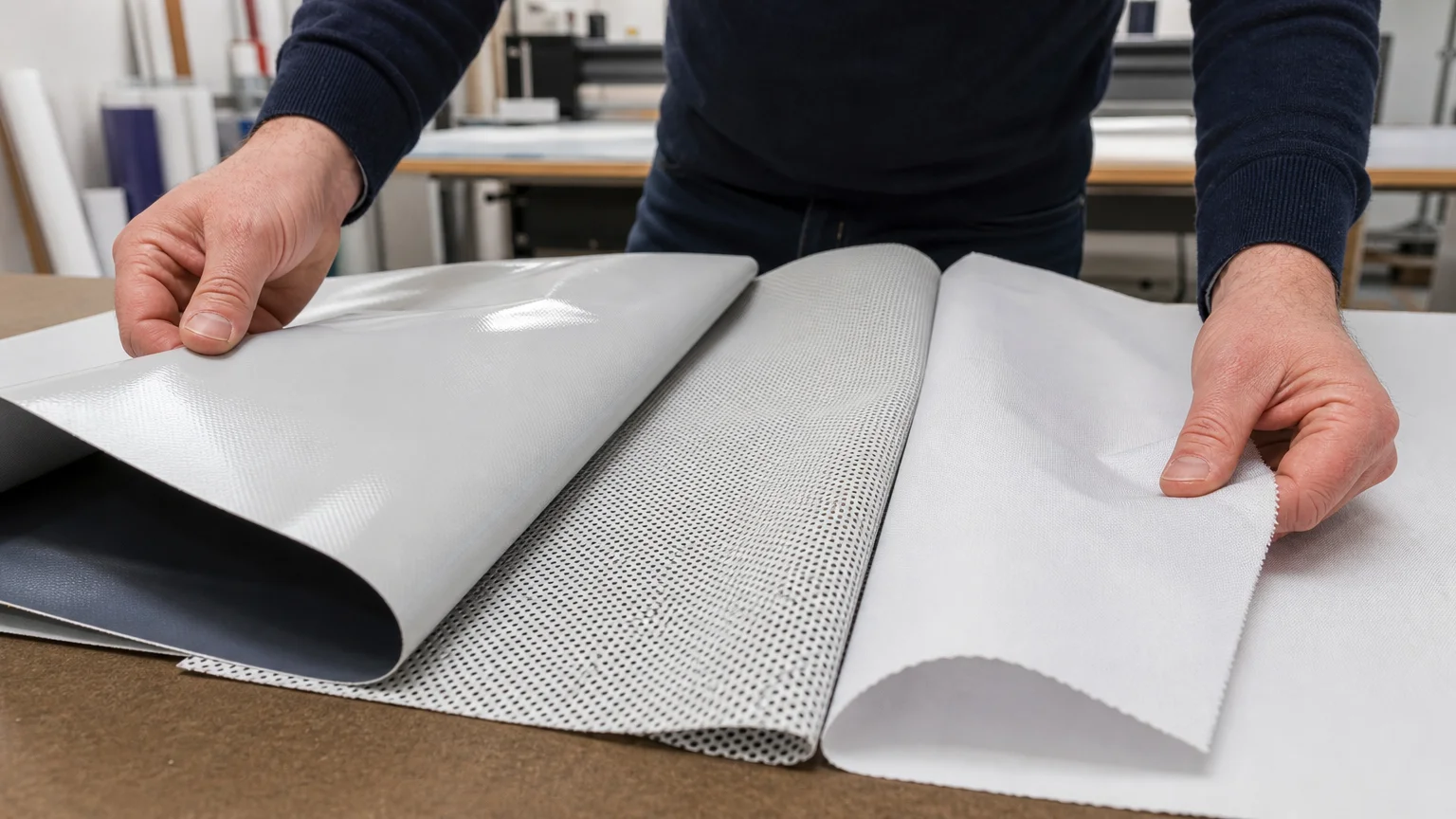 Échantillons de toiles PVC, microperforée et textile comparés sur une table d'atelier