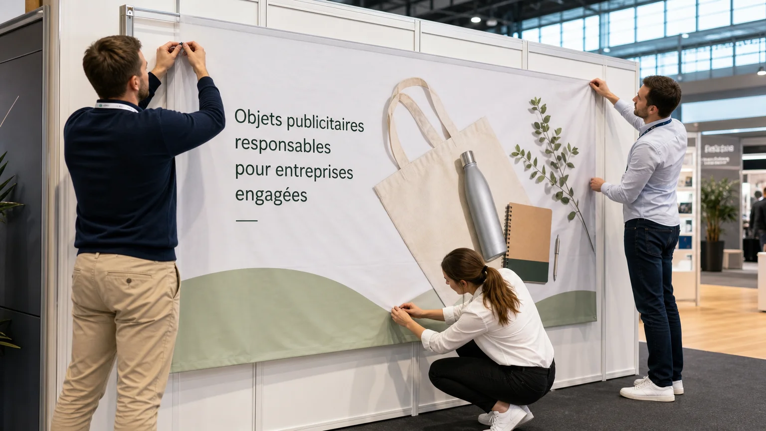 Équipe installant une banderole textile sur un stand de salon professionnel
