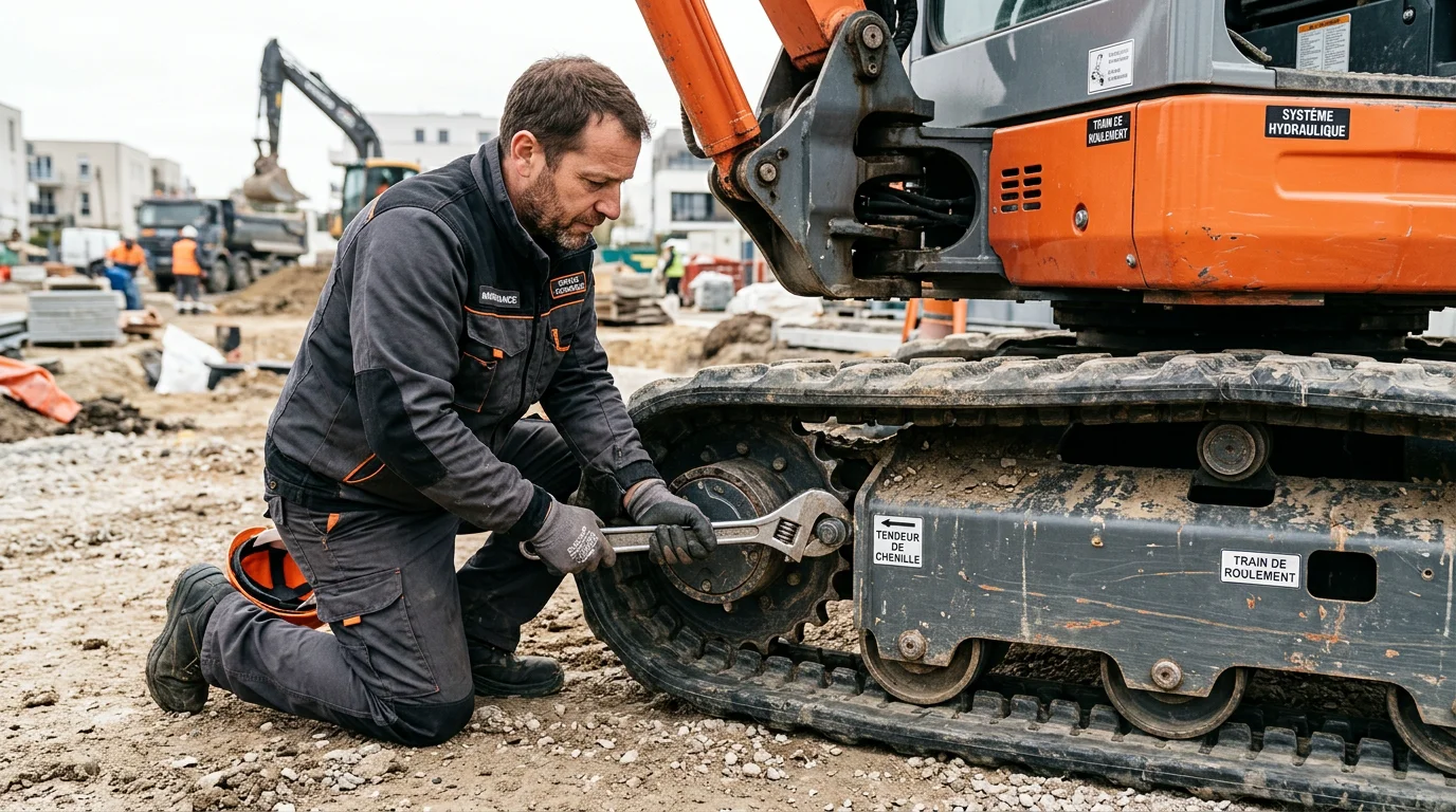 Technicien réglant la tension d'une chenille sur le train de roulement d'une mini-pelle