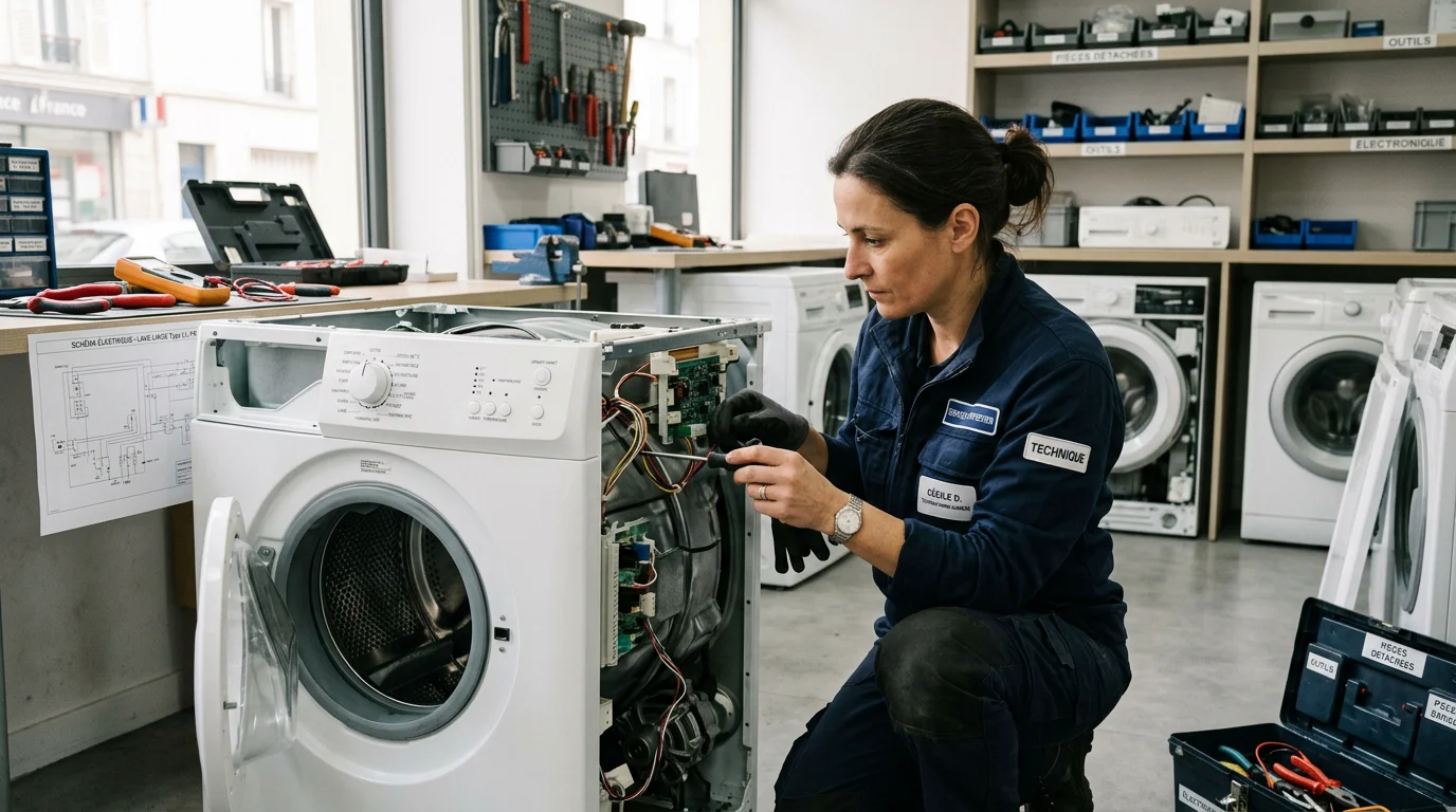 Technicien européen réparant un appareil électroménager dans un atelier lumineux