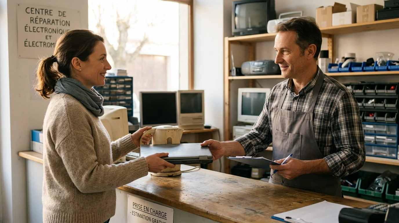 Client européen confiant un ordinateur portable et un petit appareil à un réparateur