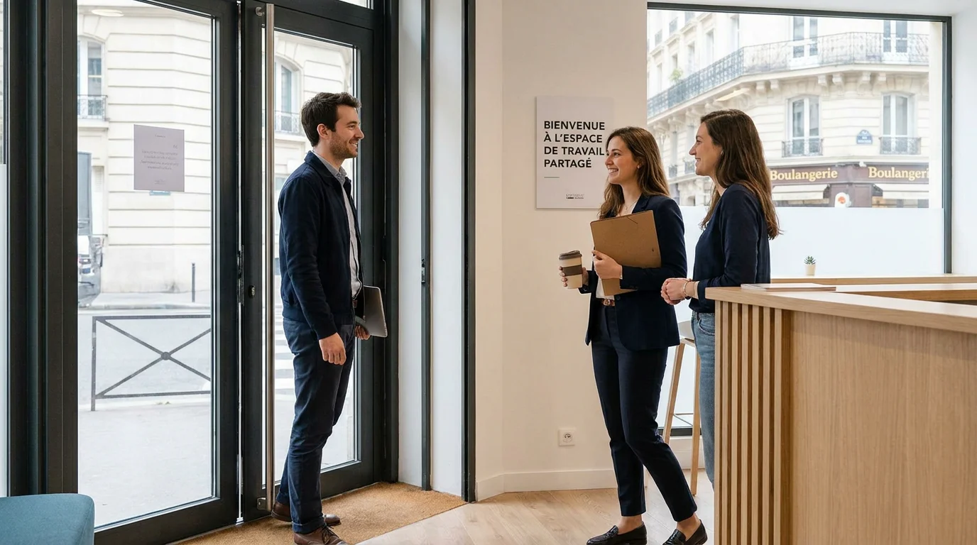 Jeune candidat sans expérience entrant dans un bureau moderne pour un premier emploi en France